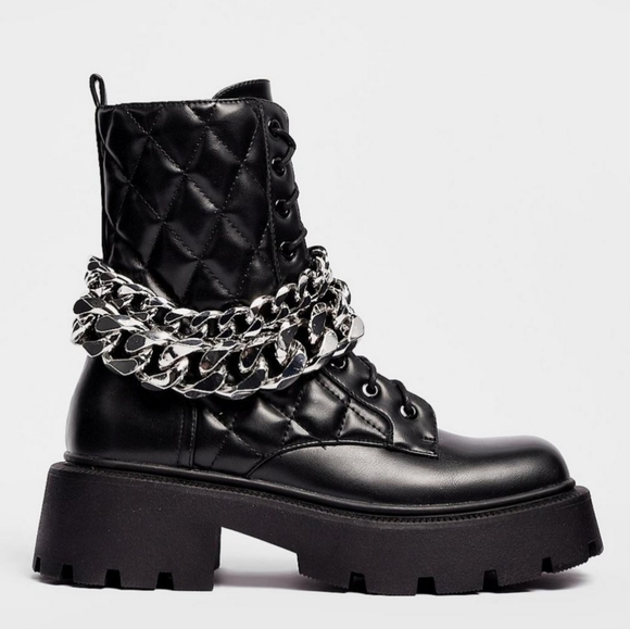 Nasty Gal Black Faux Leather Chunky Gothic Chain Lace-Up Boots - Picture 7 of 9